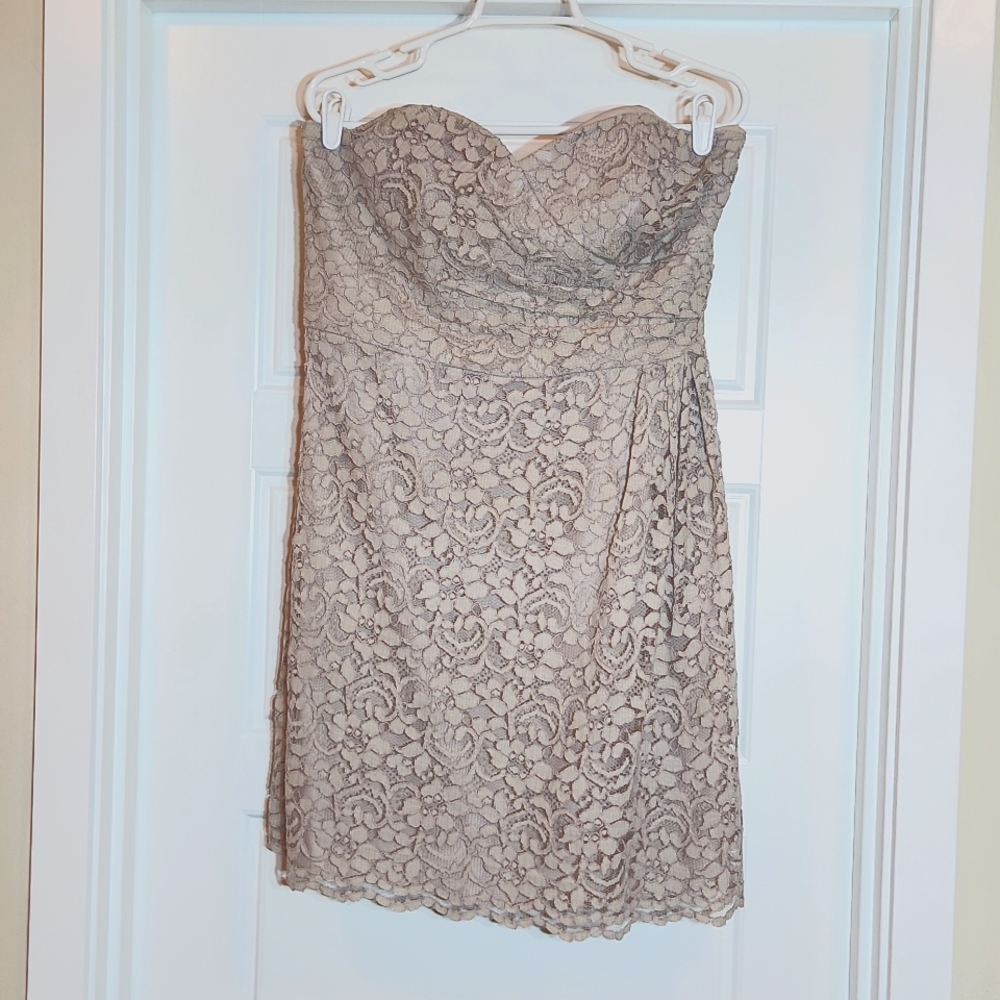 David's Bridal Lace Strapless Dress in Taupe